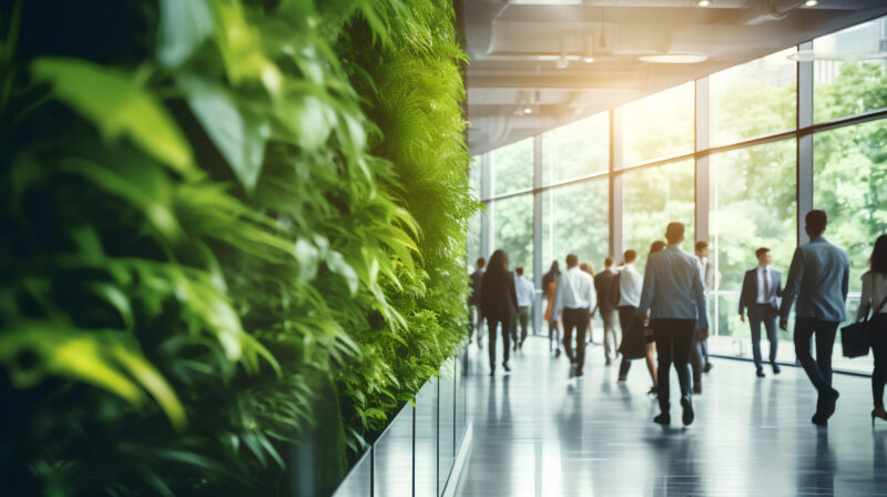 Green, Sustainable And Environmental Office Space With Daily Employee Rush. Modern And Nature Friendly Startup Business With Esg Standards And Care For Worker Wellness And Healthy Environment. Green, Sustainable And Environmental Office Space With Daily Employee Rush. Modern And Nature Friendly Startup Business With Esg Standards And Care For Worker Wellness And Healthy Environment.