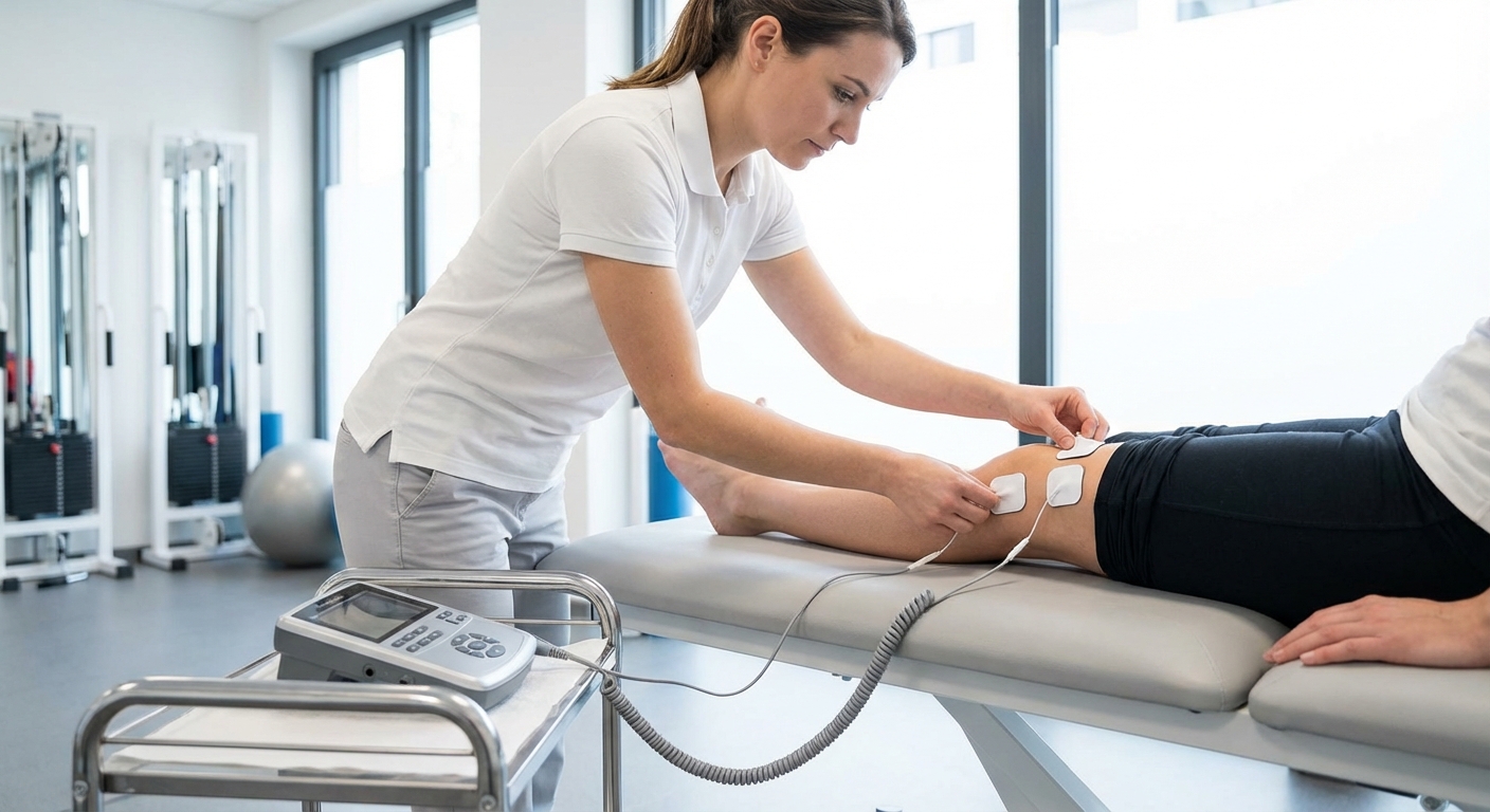 Elektrotherapie bei novavital Hennef – Elektroden am Knie des Patienten