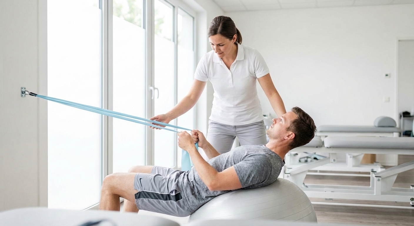 Patient bei Krankengymnastik-Übungen mit therapeutischer Anleitung