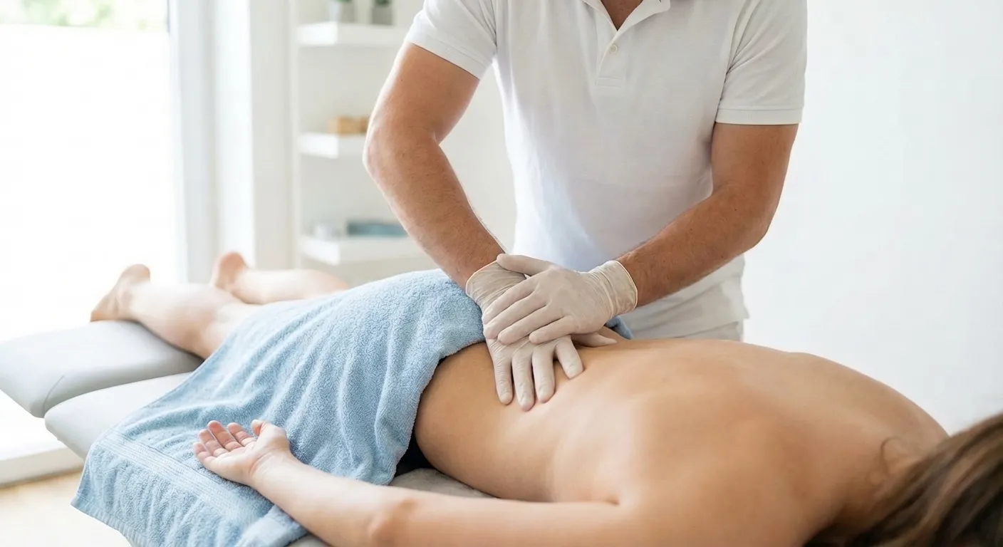 Nahaufnahme: Therapeut führt Manuelle Therapie an der Wirbelsäule durch